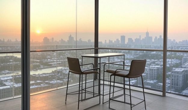 Glass balcony enclosure providing panoramic outdoor views and weather protection