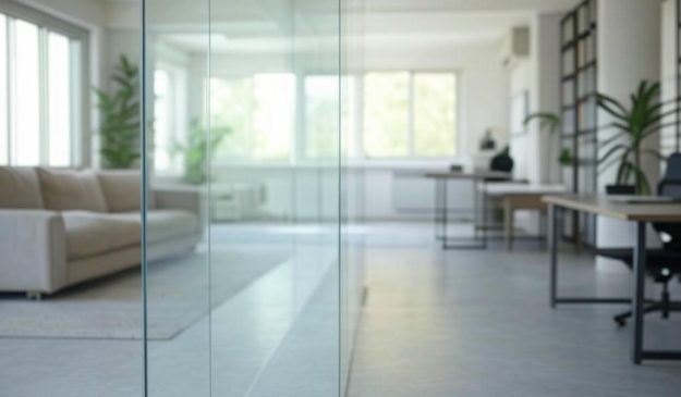 Modern glass partition dividing living room spaces with clear panels