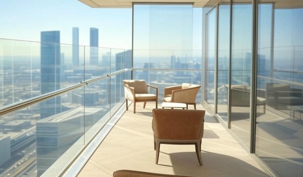Frameless glass railing on a balcony with panoramic outdoor view