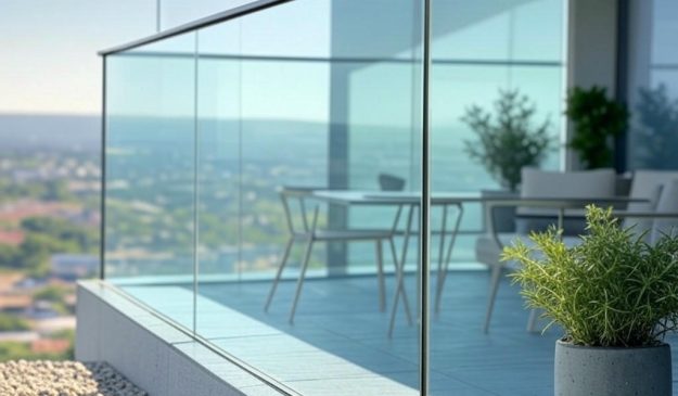 Modern glass balcony with transparent safety railing and scenic view